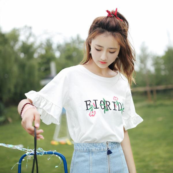 Tシャツ レディース ブラウス Uネック 半袖 フレア袖 カットソー トップス ゆったり レディースファッション 春 夏