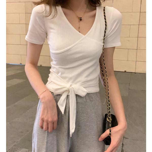 Tシャツ レディース ブラウス vネック 半袖 リブカットソー 体型カバー トップス  無地 レディースファッション 春 夏