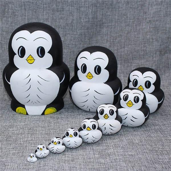 マトリョーシカ ロシア民芸品 土産物 マトリオーシカ ペンギン 手作り人形 手描き オブジェ 10個組14cm モノトン インテリア雑貨 洋風 ギフト 北欧雑貨