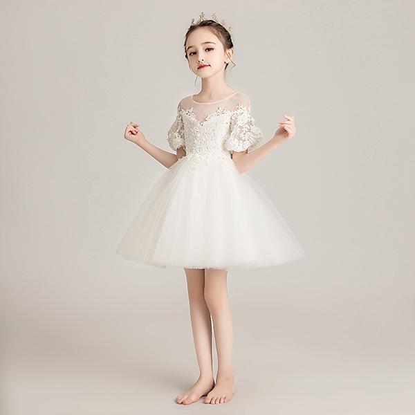 送料無料 早い者勝ち ピアノ発表会 中学生 ワンピース ホワイト パフ袖 フラワーガール ベールガール リングガール キッズ ドレス パーティー ショート丈 半袖 お姫様 中学生 発表会 ラウンド エレガント ワンピース 子供 ファスナー 女の子 フォーマル K51zezef4
