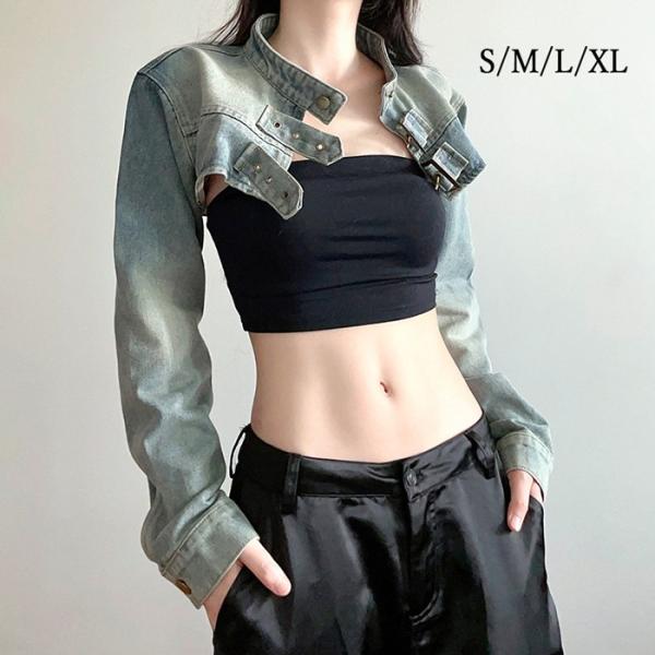 デニムジャケット ハイカット デニム ジャケット ショート丈 個性 チューブトップ インナー デニムパンツ ヒップホップ  ブルー M L XL 2XL