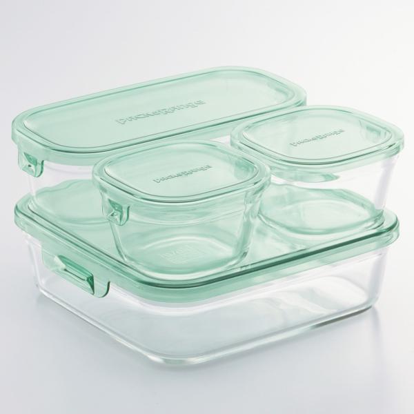 iwaki（イワキ） 保存容器 角型4点セット グリーン 耐熱ガラス パック