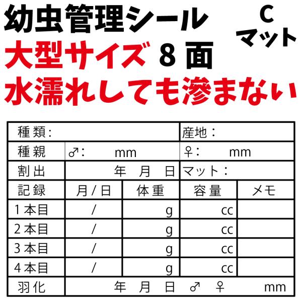 幼虫管理に必要な情報が書き込めるプロっぽい気分になれるラベルです。こちらはCタイプのラベルで、「マット」が記入できるラベルです。その他に「血統」「菌糸」の記入ができるタイプもあります。餌交換等の際の水垂れで印刷が滲んでしまうと言う声から開発...