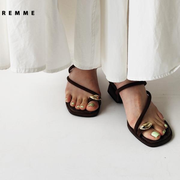 レメ REMME サンダル メタルポイントサンダル レディース 春 夏 レザー アシンメトリーストラップ  親指リング チャンキーヒール スエード ZH-25S025-AN 爆買