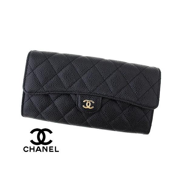シャネル キャビアスキン マトラッセ 二つ折り長財布 ブラック CHANEL シャネル 黒 キャビアスキン マトラッセ ゴールド金具 2