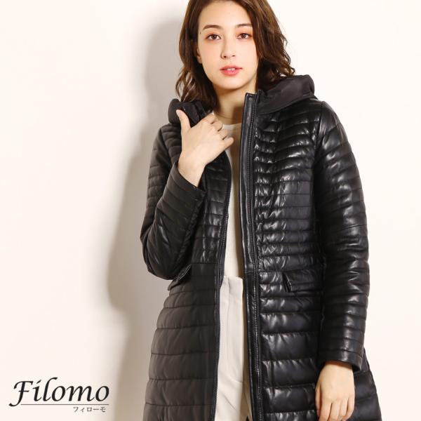 【10％クーポン】レザー ダウンコート レディース 生地 ラム 切り替え フード付き コート ブランド Filomo きれいめ ダウン 大きいサイズ アウター (04000082r)