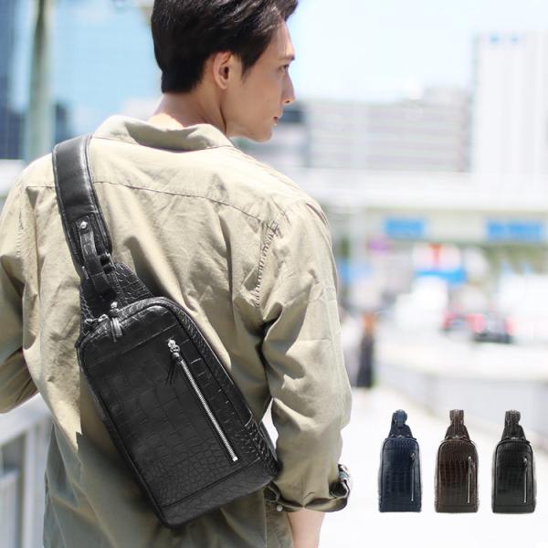 ボディバッグ メンズ クロコダイル マット 本革 (No.06001124-mens-1) 保証書 付き