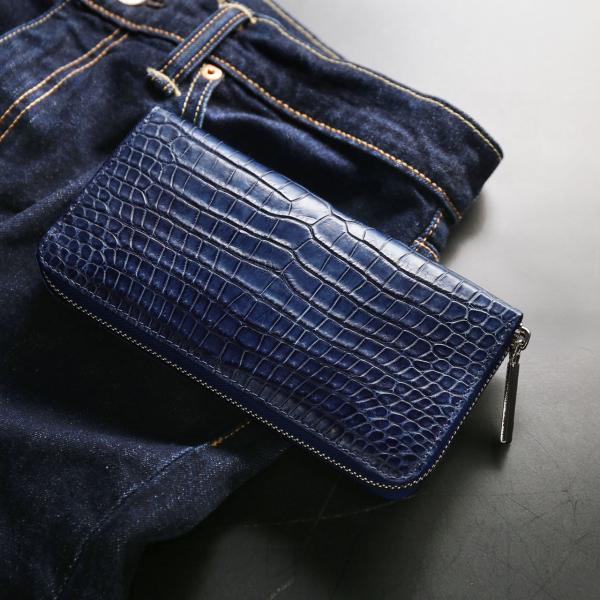 爆買！藍染 ポロサス 財布 メンズ スモール クロコダイル 長財布 日本製 ラウドファスナー センター取り 一枚革 藍染め 保証書 付き (06001784-mens-1r)