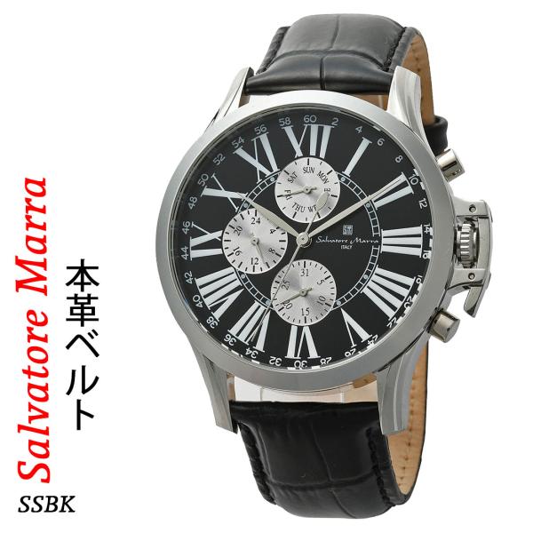 メンズ腕時計 Salvatore Marra サルバトーレマーラ レザーベルト アナログ カレンダー 24時間計 SM23101-SSBK お祝い 退職 送料無料