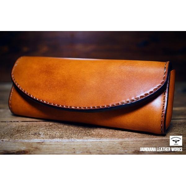 サドルレザーメガネケース ビンンテージ染めライトブラウン 手染めの