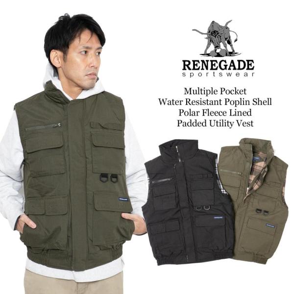 Renegade Sportswear マルチポケット ユーティリティベスト ｜ メンズ S M L XL ワークベスト ミリタリーベスト 中綿 フリース