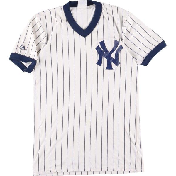 古着 90年代 マジェスティック MLB NY YANKEES ニューヨークヤンキース ストライプ柄 Vネック ベースボールTシャツ メンズS  /eaa247448