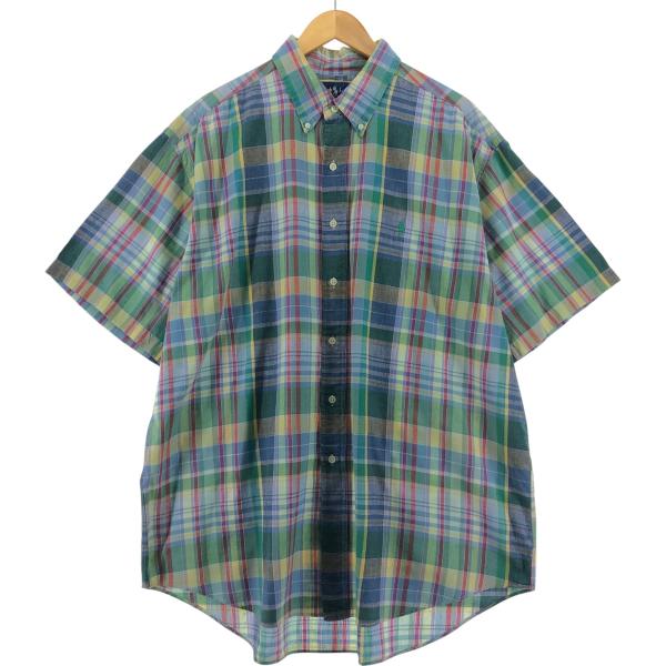 人気 ラルフローレン 半袖　シャツ 2XL ブルー チェック ボタンダウン 古着 古着 ラルフローレン Ralph Lauren PURCELL 半袖 ボタンダウン