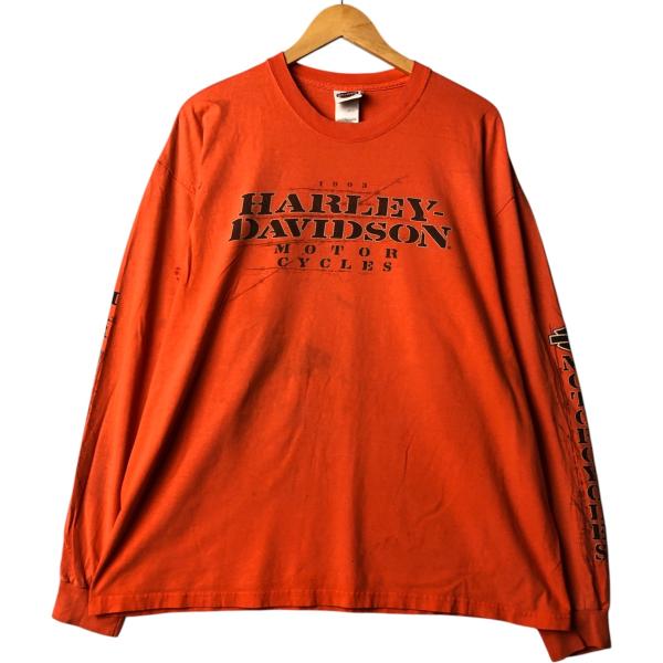 Harley-Davidson ロンＴ スカルプリント アメリカ製 古着 00s HARLEY DAVIDSON シールド ファイヤー スカル 長袖 T