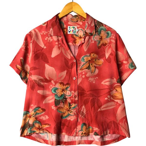 美品】イオラニ　アロハシャツ　90s　長袖　オープンカラー　総柄　ハワイアン　L 古着 90年代 JAMS WORLD 総柄 ボタニカル柄 オープンカラー