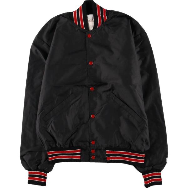 80sUSA製DeLONG古着ナイロンスタジャンレーシングジャケット黒ビンテージ 古着 80年代 DeLONG SPORTSWEAR 中綿入り ナイロンスタジャン アワード