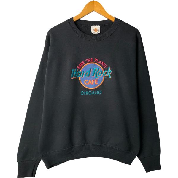 希少　Hard Rock Cafe ブラック 刺繍スウェット L ハードロックカフェ 黒銀刺繍 90s L スウェット コペンハーゲン