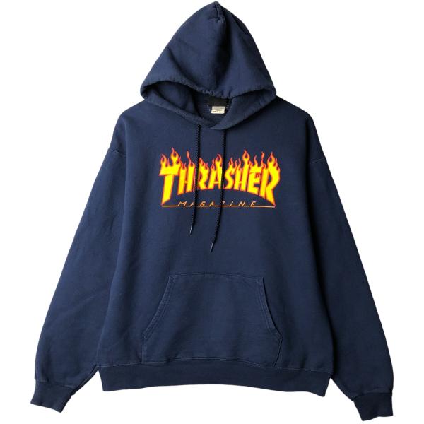 スラッシャー プルオーバーパーカー 黒 ファイヤーパターン L 希少 THRASHER（スラッシャー） 古着 ファイヤーパターン スウェットプル