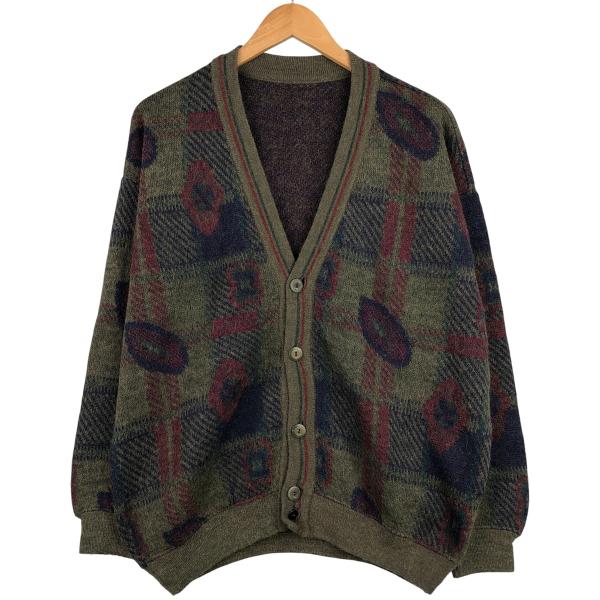古着 総柄 チェック柄 モヘア混 アルパカ混 ニットカーディガン メンズ
