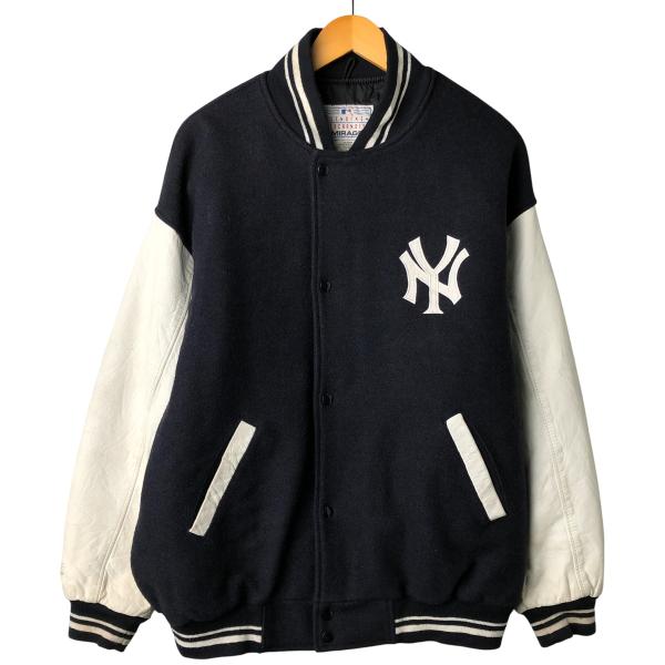 90s mirage ヤンキース スタジャン 袖レザー メルトン カナダ製 紺白 古着 90年代 MIRAGE MLB ニューヨークヤンキース 中綿入り 袖革ウール