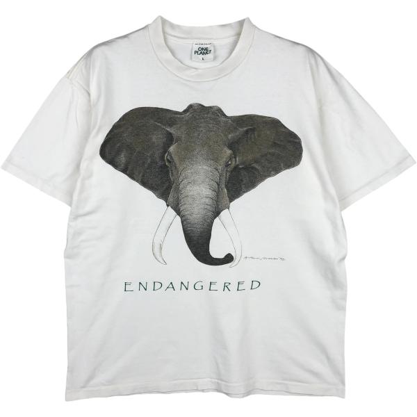 古着 ONE PLANET ゾウ柄 アニマルTシャツ USA製 メンズL相当 シングル 