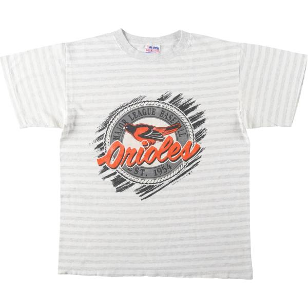 古着 90年代 TRENCH MLBボルチモアオリオールズ ボーダー柄 ロゴプリントTシャツ USA製 メンズL相当 ヴィンテージ 半袖 /eaa648870