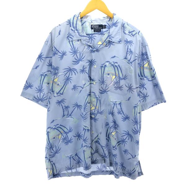 【中古】ポロ ラルフローレン POLO RALPH LAUREN アロハシャツ 開襟 オープンカラー 半袖 ヤシの木 総柄 S 紺 古着 ラルフローレン POLO by Ralph Lauren CLAYTON 総柄 ヤシの木柄