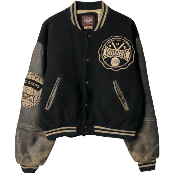 古着 KUDSAK 中綿入り 袖革ウールボタンスタジャン バーシティ