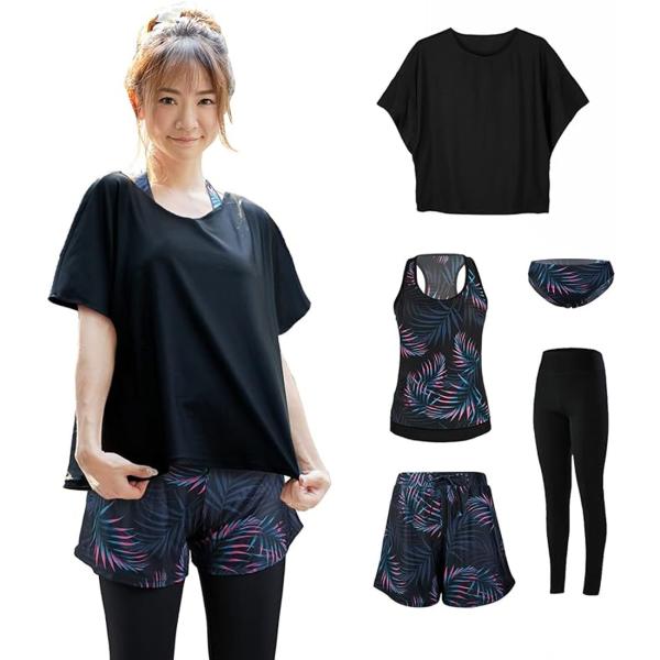 ・素材：ポリエステル82％、ポリウレタン18％・サイズ：M/L/XL/2XL・重量：約654g・柄：A/B・パッケージ内容：オーバーTシャツ、タンキニ、フレアパンツ、レギンス、ショーツ