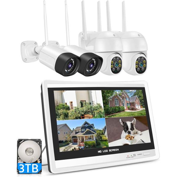 12インチ液晶一体型3TBHDD内蔵NVR カメラ4台セット 500万画素・360° 追尾機能搭載 】防犯カメラ ワイヤレスHiseeu