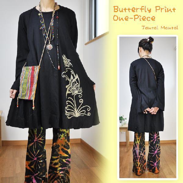ふんわりひらひら バタフライプリント 長袖 ミディ丈 ワンピース 蝶 ストレッチ コットン エスニック アジアン ボヘミアン ヒッピー Nop0019 アジアン雑貨ジャンタルマンタル 通販 Yahoo ショッピング