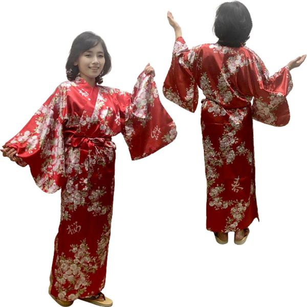 外国人向け着物 ポリエステル着物 桜 赤 簡単着物 さくら 日本のお土産 