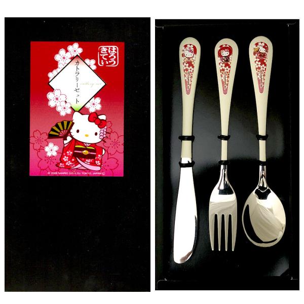 ハローキティ カトラリー 3本セット ナイフ フォーク スプーン 桜 赤 サンリオ 食器 ステンレス テーブルウェア 和柄 和風 日本のお土産 ホームステイ 送料無料