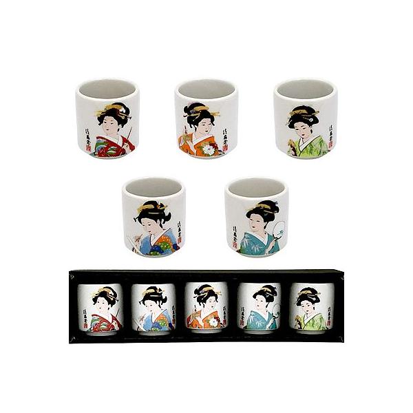 ぐい呑み お猪口 着物美人 ５個セット 美人画 おちょこ<br>日本酒 ぐい飲み 酒器 盃 日本美人 ショットグラス 浮世絵 日本のお土産