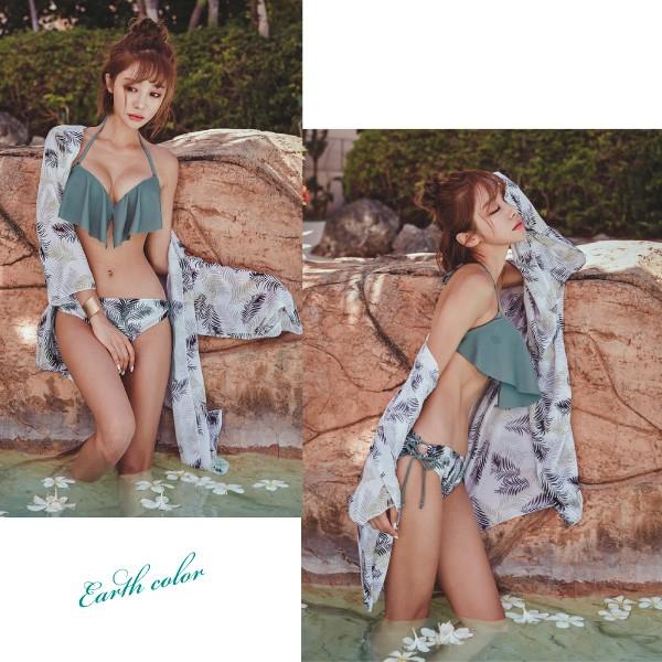 レディース水着 ビキニ ワイヤー入 ガウン付 3点セット ボタニカル柄