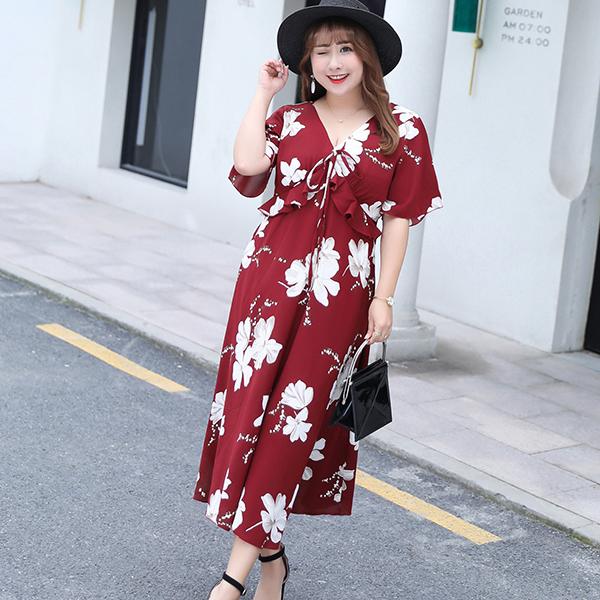 レディース 大きいサイズ ロングワンピース リゾート風 Vネック