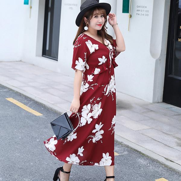 レディース 大きいサイズ ロングワンピース リゾート風 Vネック