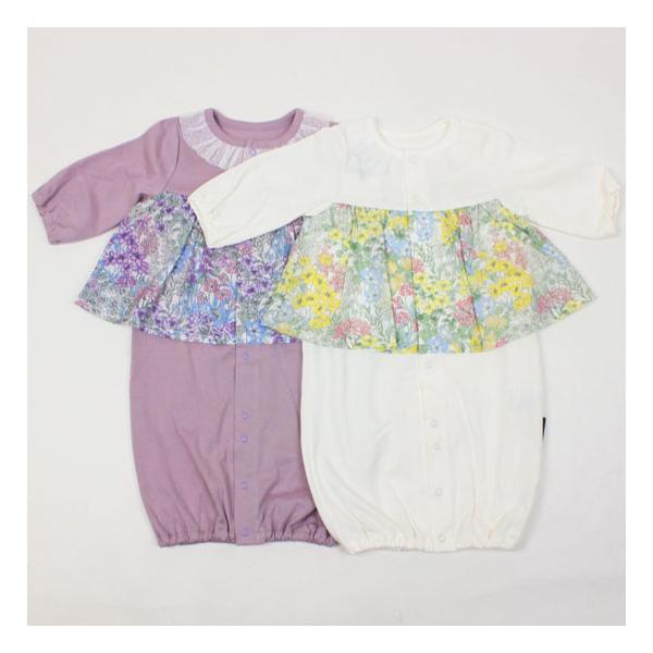 ホイップクリーム whip cream　優しい花柄のスカート付きのツーウェイオールです。スナップボタンで前が全開になります。日本製。