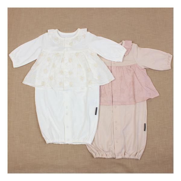 ホイップクリーム whip cream　優しい花柄刺繍のスカート付きのツーウェイオールです。スナップボタンで前が全開になります。日本製。