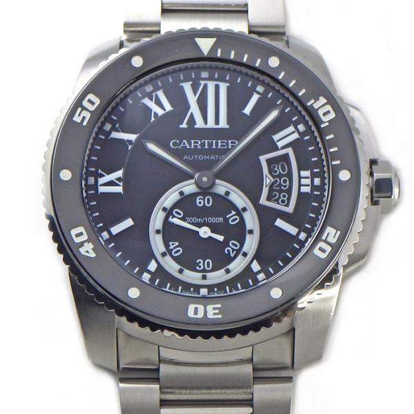 カルティエ Cartier 腕時計 カリブル ダイバー W7100057 デイト 夜光インデックス スモールセコンド 夜光針 回転ベゼル ブラック文字盤 ローマンインデックス SS 自動巻き 【箱・保付き】 【中古】 Cartier（カルティエ） 腕時計 カリブル ダイバー W7100057 デイト