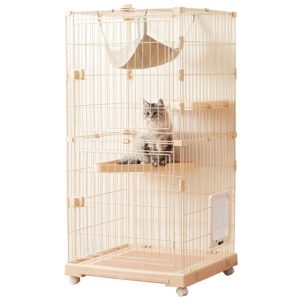 おしゃれ 猫 ケージ キャットケージ 2段 おしゃれ キャットハウス【グレー】 猫 ケージ 収納型 キャットケージ 2段 1段2段可能 キャスター付