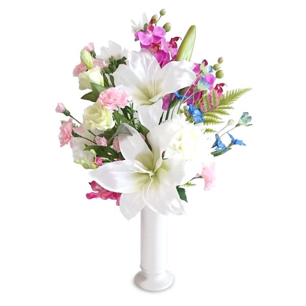 生花と見違えるようなクオリティーの高い上質なシルクフラワー（造花の仏花）を使用し、豪華で見栄えのするお仏花です。枯れたり萎れたりしないので、日々のお手入や水替え不要です。 花粉や香がないのでアレルギーの方も安心。 【使用花】カサブランカ・ピ...