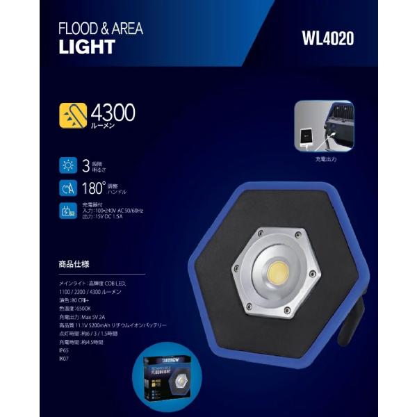 TAKENOW WL4020 充電式LED投光器/FLOOD & AREA LIGHT ACアダプタ付