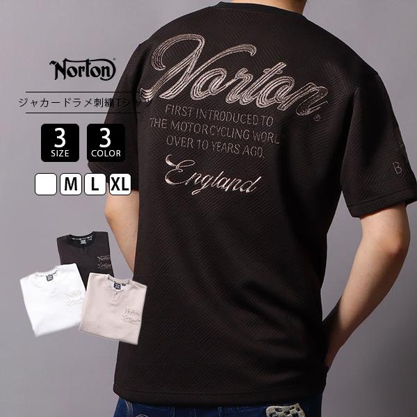 Norton ノートン メンズ 半袖 Tシャツ ブリスター ジャガード ラメ刺しゅう キーネックT 大人カジュアル シック 上品 背面 ロゴ カジュアル アメカジ 262N1014B