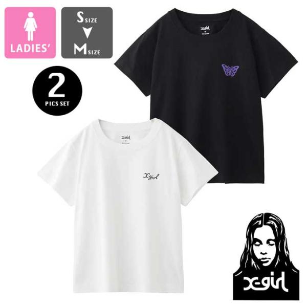 X-girl（エックスガール） LOGO AND BUTTERFLY 2P S/S BABY TEE ロゴ