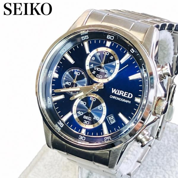 SEIKO WIRED VD57-KND0 クロノグラフ 青文字盤 電池新品 ストップ