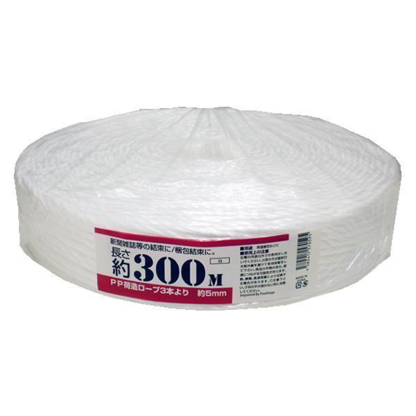 【仕様】３本でロープ状に溶着された、ほどけにくいポリプロピレン製ロープです。●色：白●幅５ｍｍ×長さ３００ｍ●材質：ポリプロピレン※直射日光は避けて保管してください。乳幼児の手に届かないところに保管して下さい。可燃性のある素材ですので火気の...