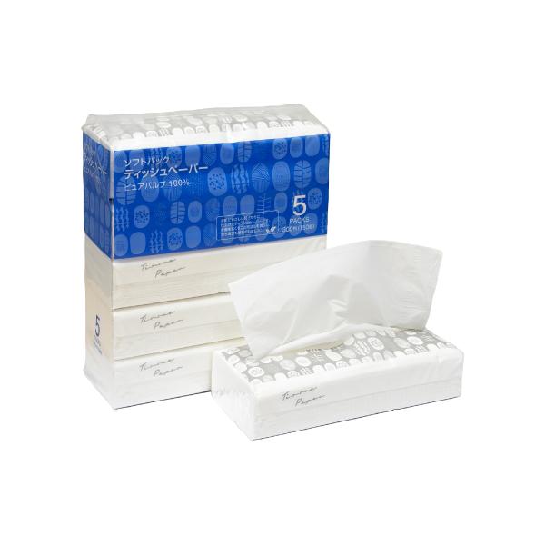 【商品説明】ボックスタイプに比べ省スペース・省資源のソフトパックティシュです。環境面にも配慮したエコ商品となります。【仕様】●材質：パルプ１００％●注文単位：１パック（１５０組×５個）●シートサイズ：１９５×１８０ｍｍ（折りたたんだサイズ：...