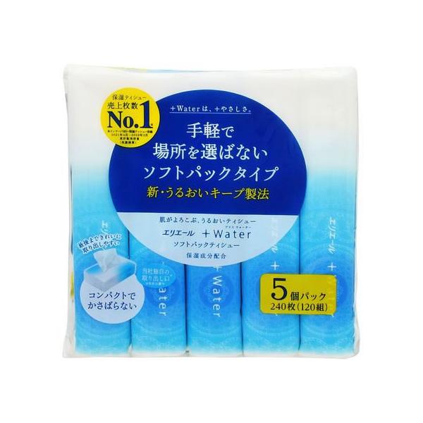 他サイト： 大王製紙 エリエール +Water ソフトパックティシュー 120組×5個パック 箱なし ソフトティッシュペーパー 保湿ティッシュペーパーの商品画像