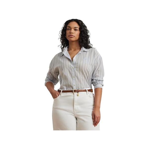 (取寄) ローレン ラルフローレン レディース プラス サイズ オーバーサイズ ストライプド コットン ボイル シャツ Lauren Ralph Lauren women Plus Size Oversize Striped Cotton Voile Shirt Light Blue/Pink Multicolor LAUREN RALPH LAUREN（ローレン ラルフローレン） (取寄) ローレン